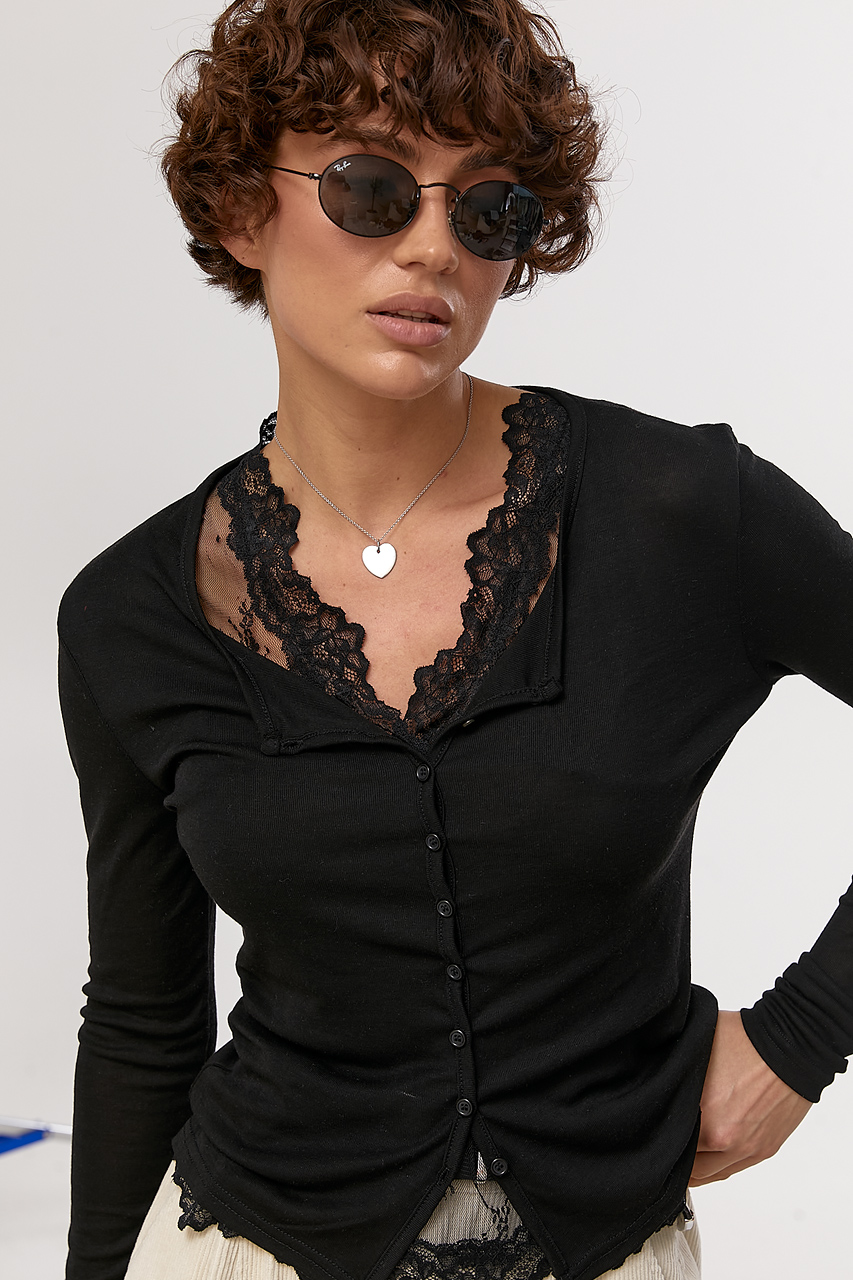 Легкий лонгслів на ґудзиках у комплекті з мереживною майкою  LX-10740409