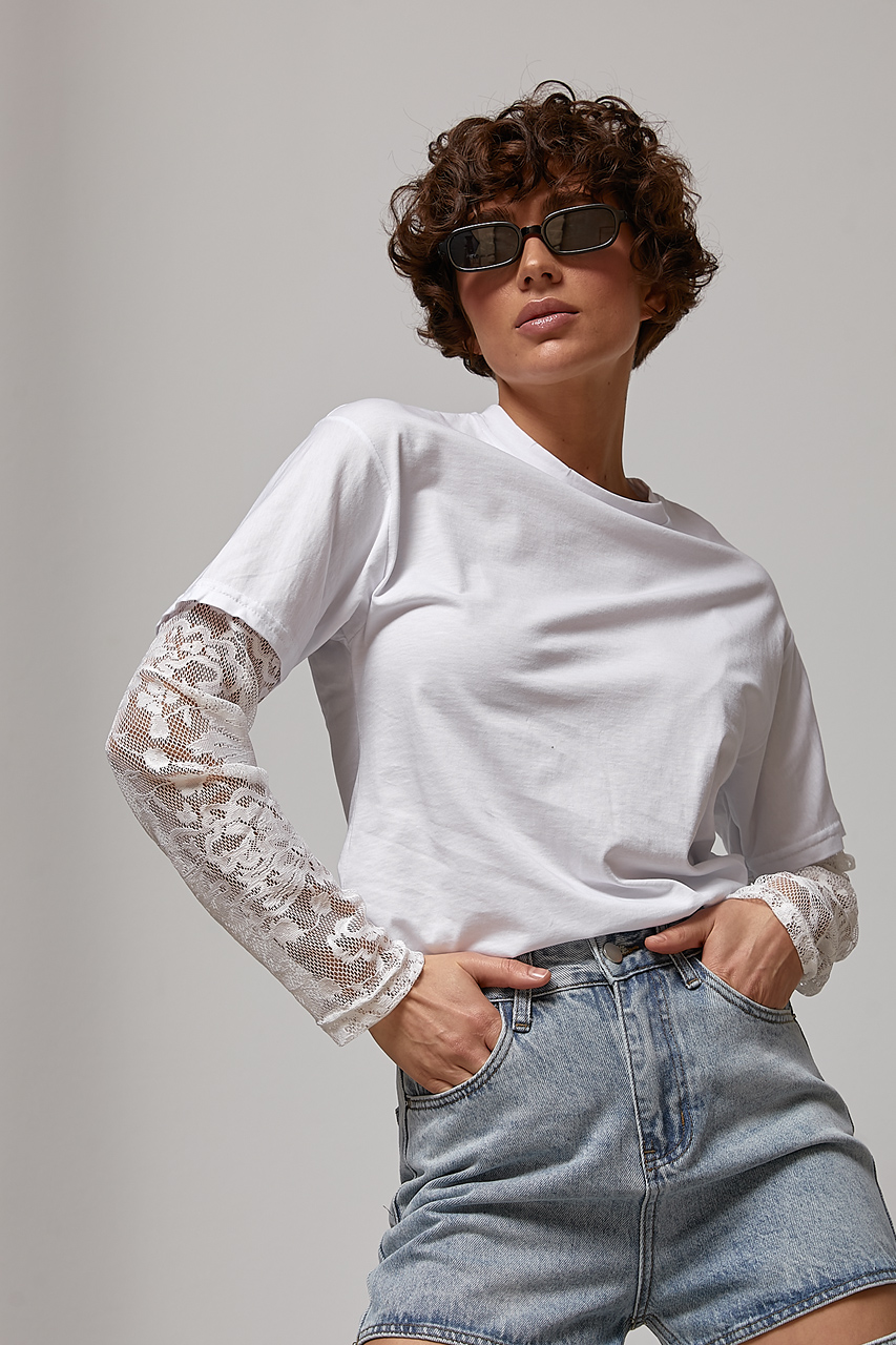 Однотонний вільний лонг з мереживними рукавами  LX-10741401