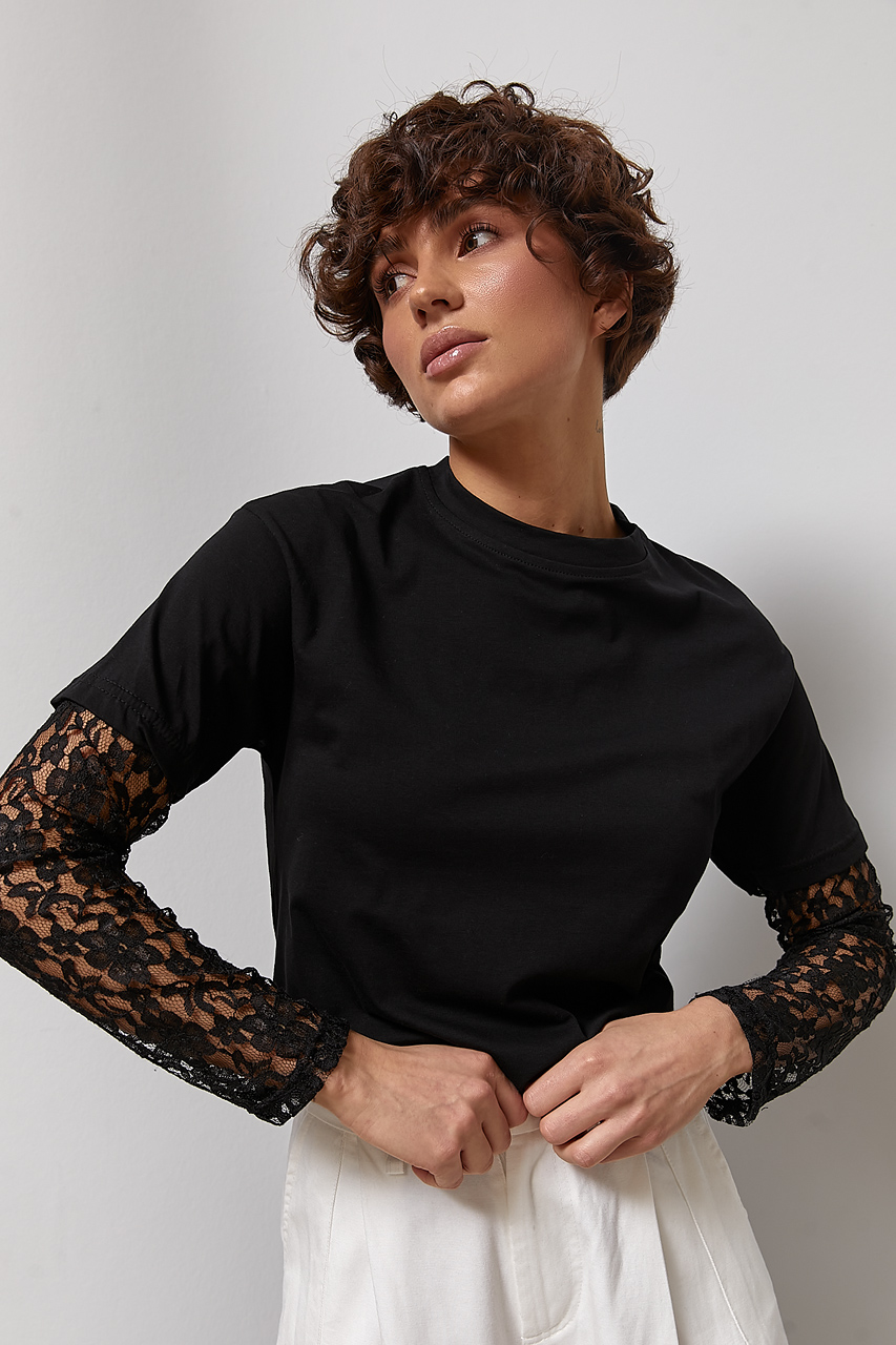 Однотонний вільний лонг з мереживними рукавами  LX-10741409