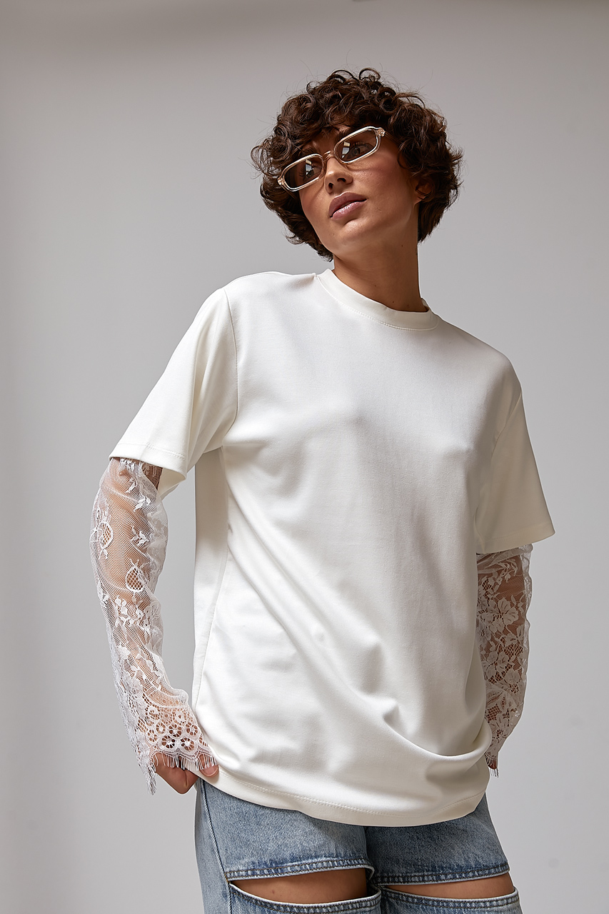 Трикотажний лонгслів з мереживними вставками на рукавах  LX-10742047