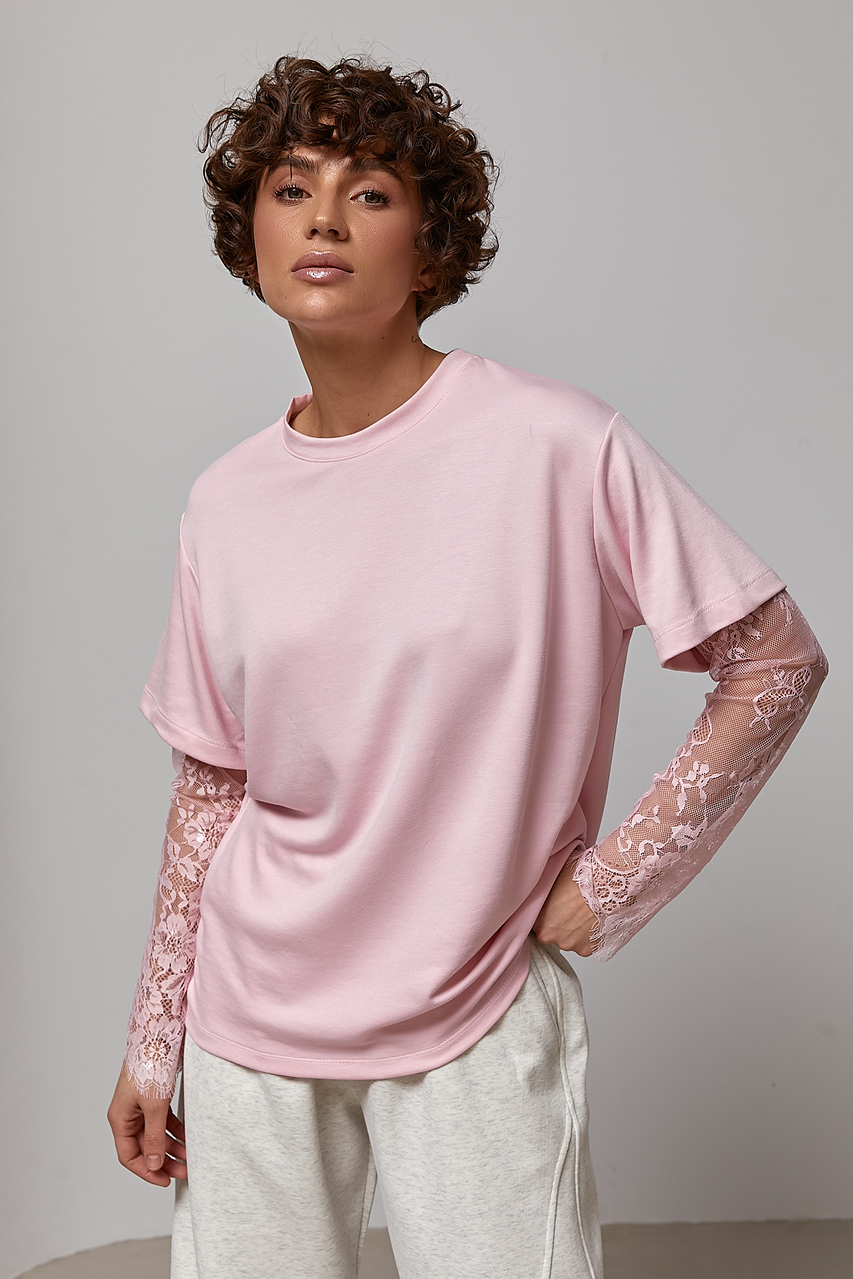 Трикотажний лонгслів з мереживними вставками на рукавах LX-10742014 Трикотажний лонгслів з мереживними вставками на рукавах LX-10742014