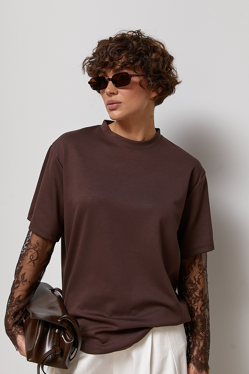 Трикотажний лонгслів з мереживними вставками на рукавах  LX-10742028