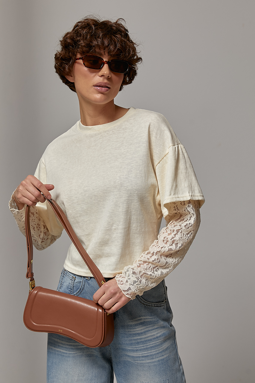 Короткий однотонний лонгслів із мереживними рукавами LX-10742619 Короткий однотонний лонгслів із мереживними рукавами LX-10742619