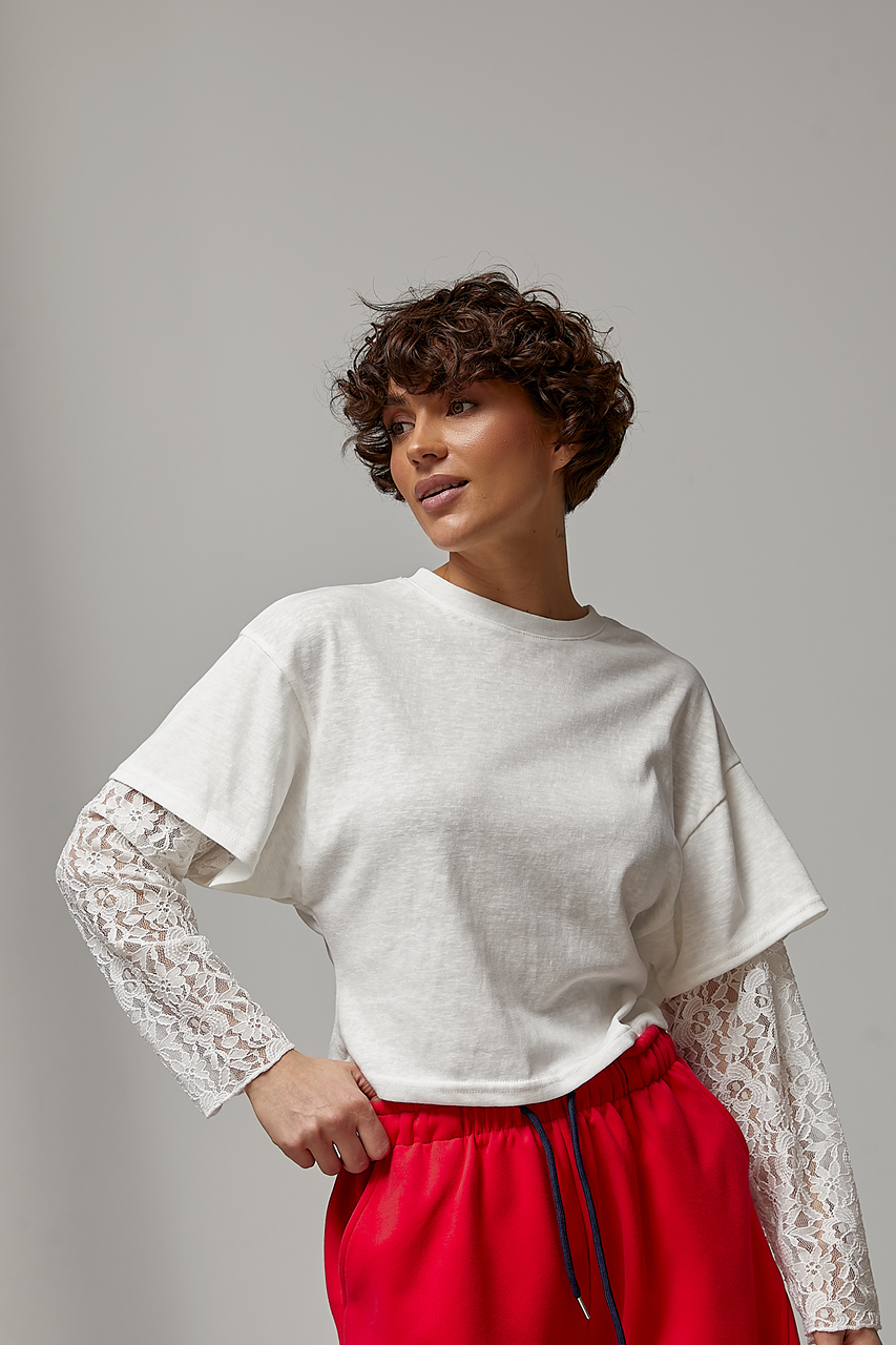 Короткий однотонний лонгслів із мереживними рукавами LX-10742647 Короткий однотонний лонгслів із мереживними рукавами LX-10742647