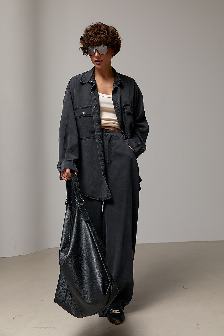 Вільний котоновий костюм із сорочки на кнопках і прямих штанів LX-10742709 Вільний котоновий костюм із сорочки на кнопках і прямих штанів LX-10742709