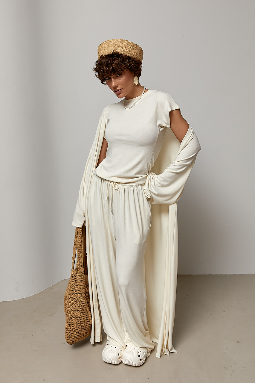 Легкий костюм із довгого кардигана, футболки та широких штанів LX-10743419 Легкий костюм із довгого кардигана, футболки та широких штанів LX-10743419