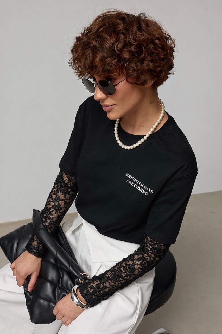 Лонгслів з написом із мереживними рукавами  LX-10744609
