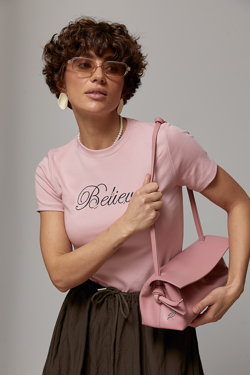 Жіноча футболка з вишитим написом і перлами LX-10745107 Жіноча футболка з вишитим написом і перлами LX-10745107