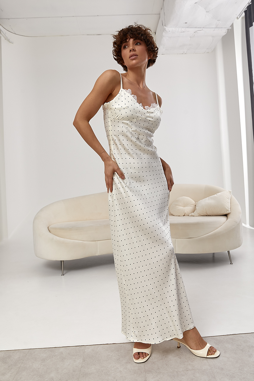 Атласна сукня в горох із мереживом