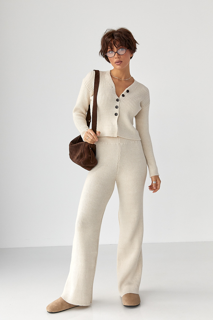 Трикотажний костюм у рубчик із кардиганом і штанами палаццо  Ls-1321