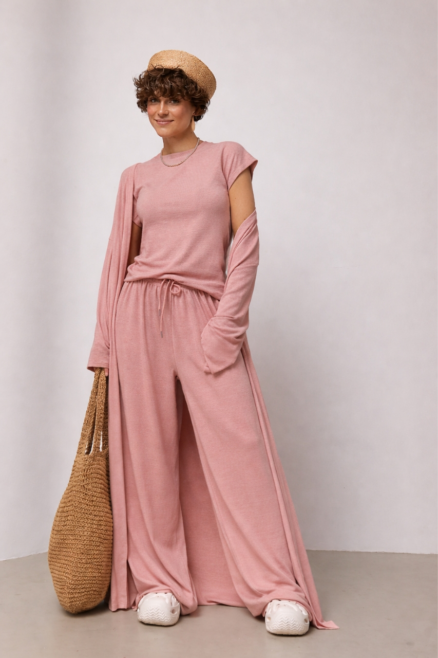 Легкий костюм із довгого кардигана, футболки та широких штанів  Ls-1334