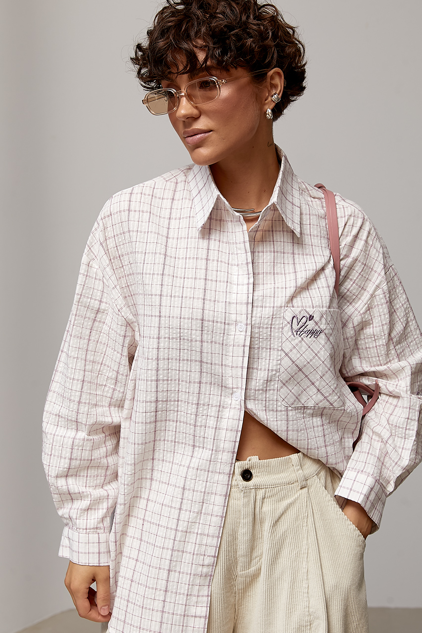 Сорочка в клітинку з вишитим написом на кишені  Ls-1582