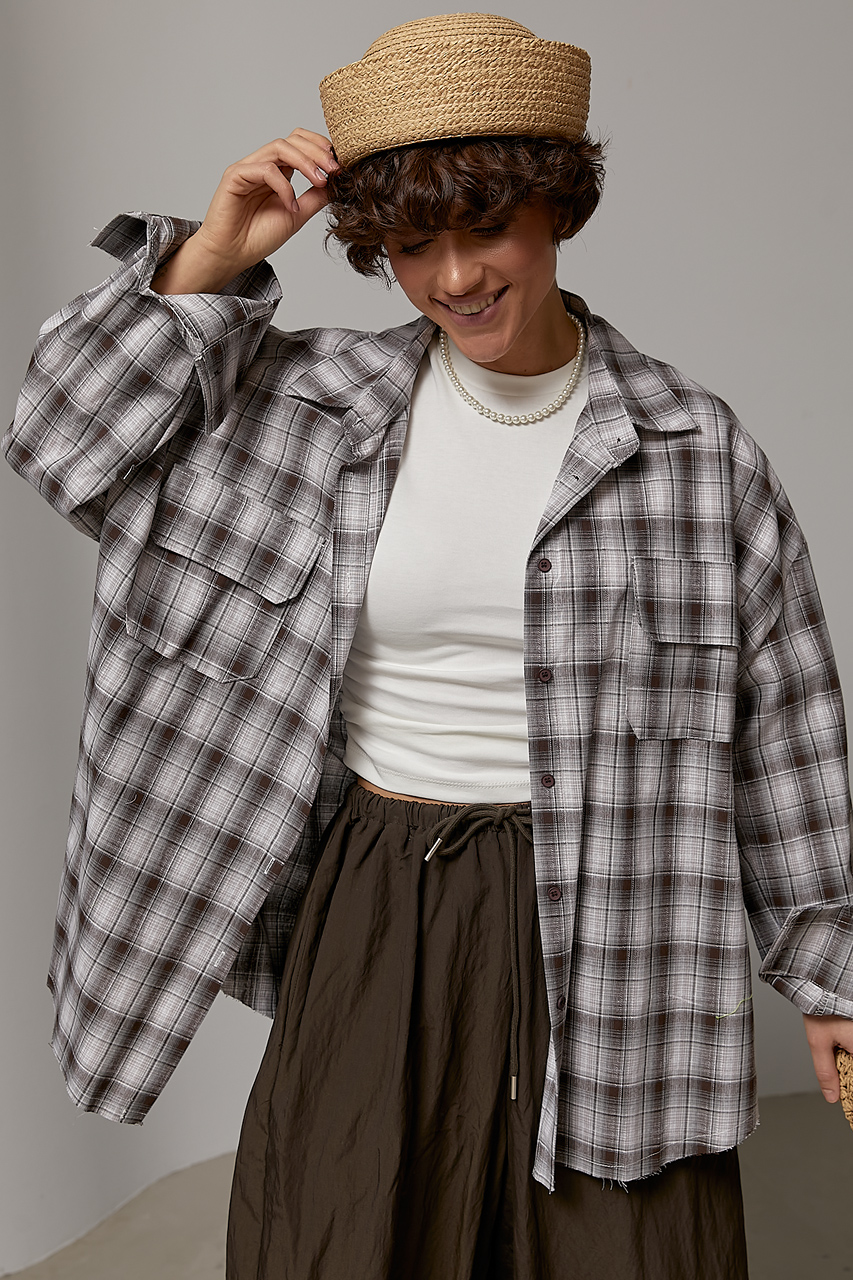 Оверсайз сорочка в клітинку з накладними кишенями  Ls-1591