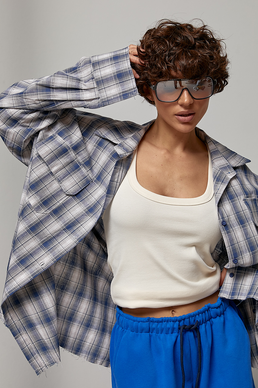 Оверсайз сорочка в клітинку з накладними кишенями  Ls-1593