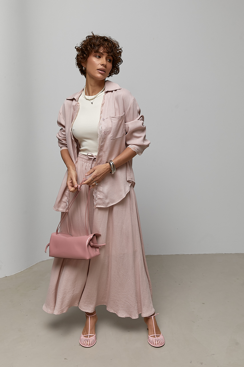 Вільний костюм із сорочки та пишної спідниці із мереживними вставками  Ls-1696