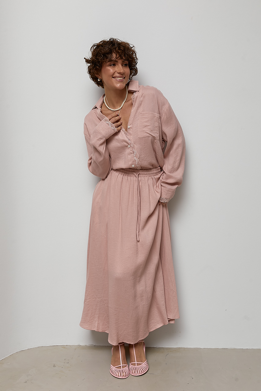 Вільний костюм із сорочки та пишної спідниці із мереживними вставками  Ls-1697