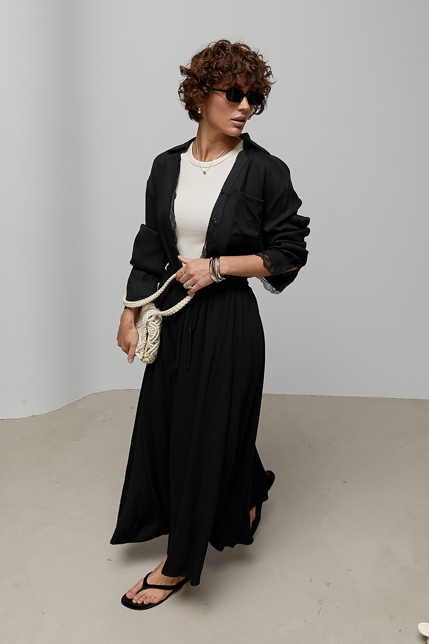 Вільний костюм із сорочки та пишної спідниці із мереживними вставками  Ls-1698