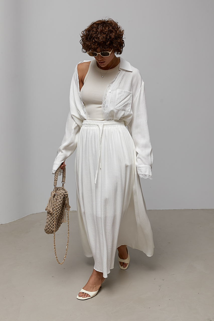 Вільний костюм із сорочки та пишної спідниці із мереживними вставками  Ls-1699