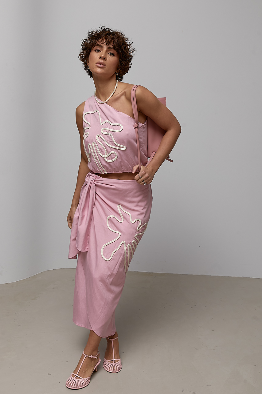 Літній костюм із блузи на одне плече та прямої спідниці на запах  Ls-1703