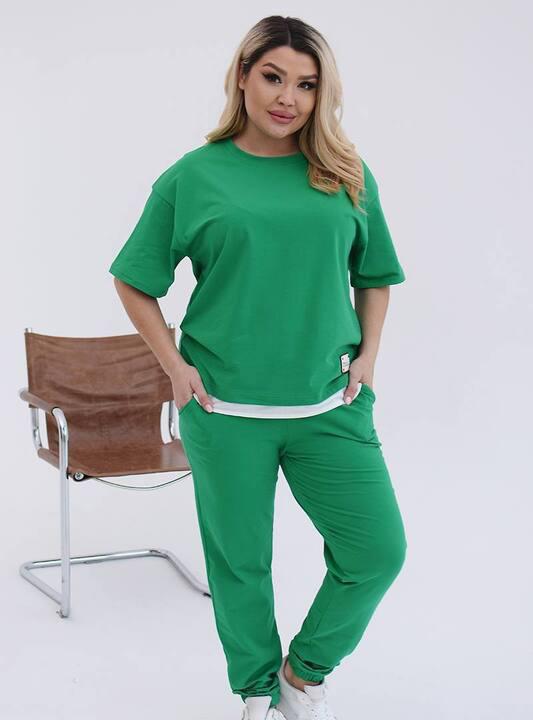 Спортивный костюм-двойка женский из турецкого кулира с манжетами на брюках и футболкой с белой вставкой весенний летний