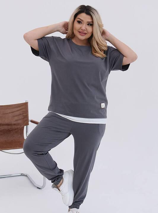 Спортивный костюм-двойка женский из турецкого кулира с манжетами на брюках и футболкой с белой вставкой весенний летний