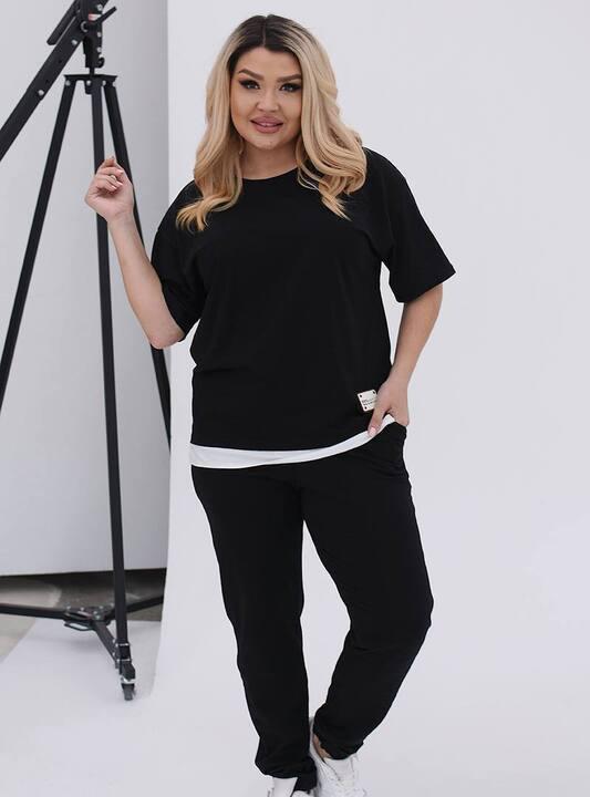 Спортивный костюм-двойка женский из турецкого кулира с манжетами на брюках и футболкой с белой вставкой весенний летний