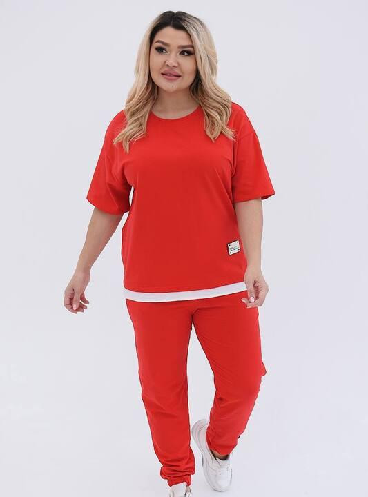 Спортивный костюм-двойка женский из турецкого кулира с манжетами на брюках и футболкой с белой вставкой весенний летний