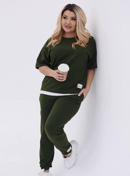 Спортивный костюм-двойка женский из турецкого кулира с манжетами на брюках и футболкой с белой вставкой весенний летний