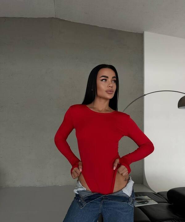 Боди женское базовое микродайвинг с длинными рукавами и разрезом под палец облегающее демисезонное