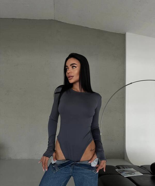 Боди женское базовое микродайвинг с длинными рукавами и разрезом под палец облегающее демисезонное
