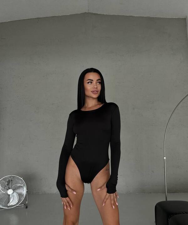 Боди женское базовое микродайвинг с длинными рукавами и разрезом под палец облегающее демисезонное