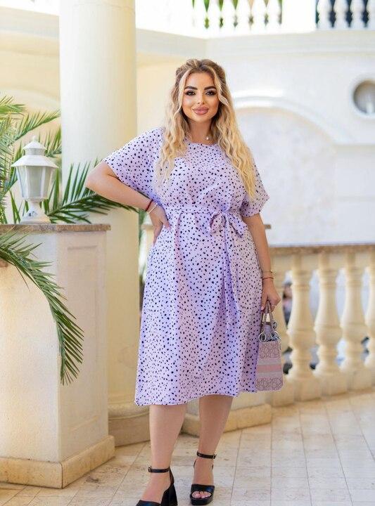 Платье трапеция софт с поясом в горох