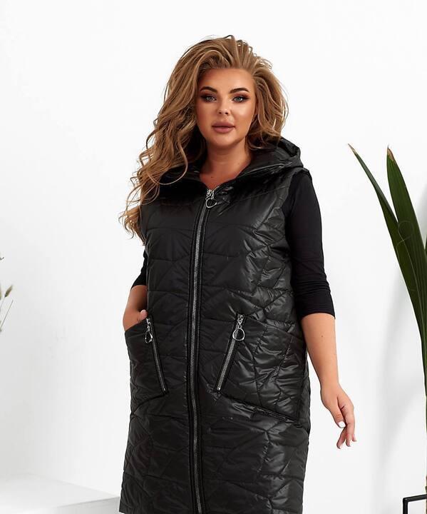 Жилетка женская теплая плащевка лаке на синтепоне 150 с накладными карманами с капюшоном 