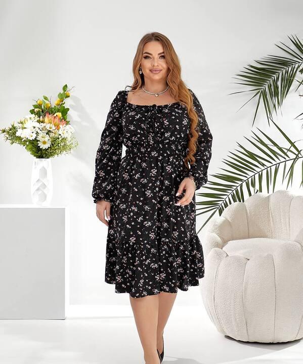 Платье трапеция из софта с длинными рукавами и воланом по подолу весенне-летнее