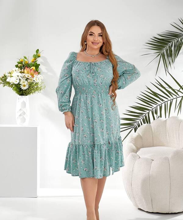 Платье трапеция из софта с длинными рукавами и воланом по подолу весенне-летнее