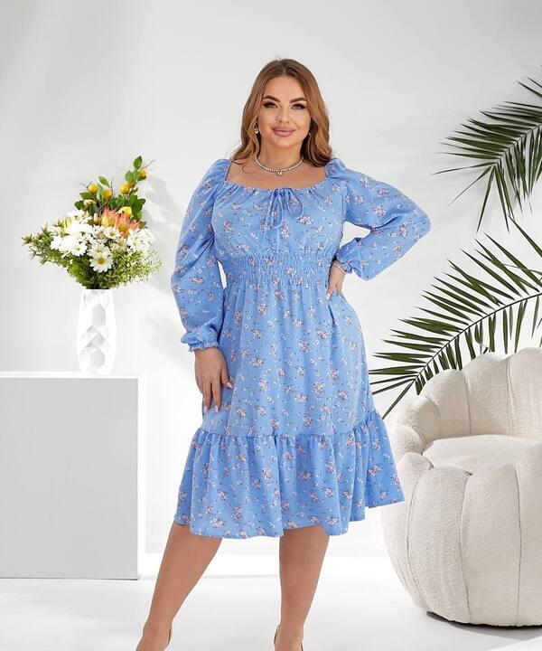 Платье трапеция из софта с длинными рукавами и воланом по подолу весенне-летнее