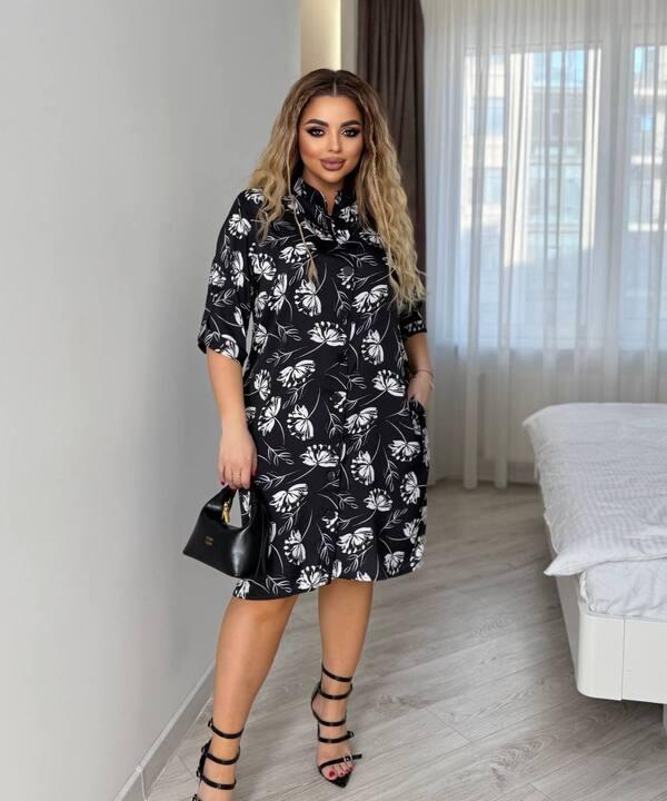 Платье-рубашка женское свободного кроя из шелкового софта с цветочным принтом весеннее