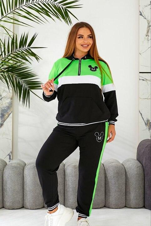 Спортивный костюм женский из двунитки с контрастными вставками и декоративной вышивкой демисезонный