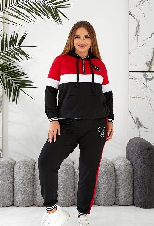 Спортивный костюм женский из двунитки с контрастными вставками и декоративной вышивкой демисезонный