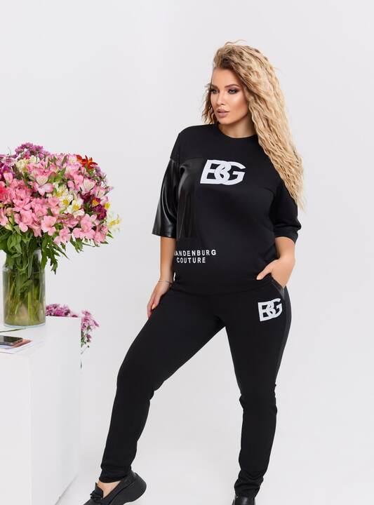 Костюм-двойка женский весенне-летний из французского трикотажа с вставками из экокожи