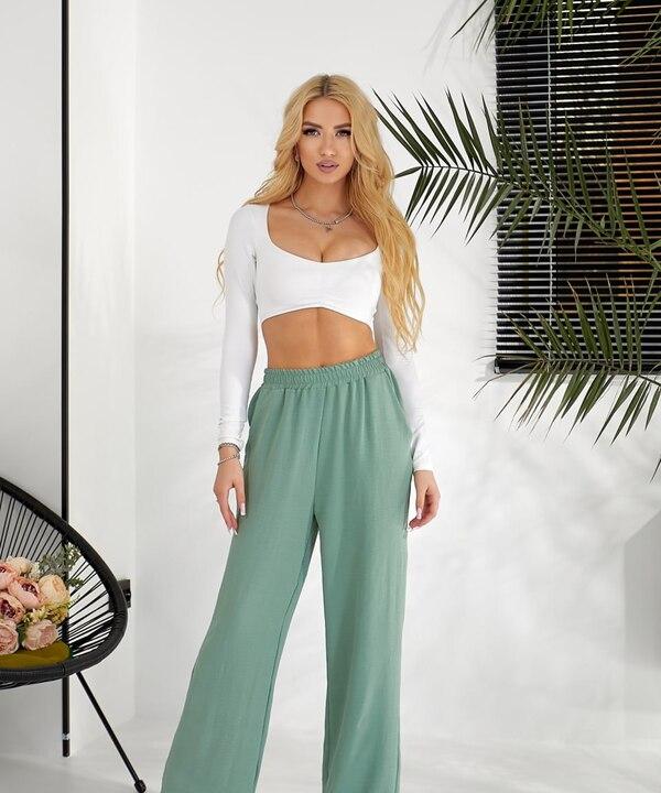 Брюки женские из американского крепа широкие на резинке с высокой посадкой весенние