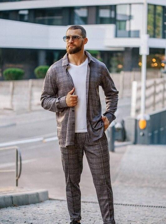 Мужской прогулочный костюм из трикотажного софта с рубашкой и брюками на резинке весенний