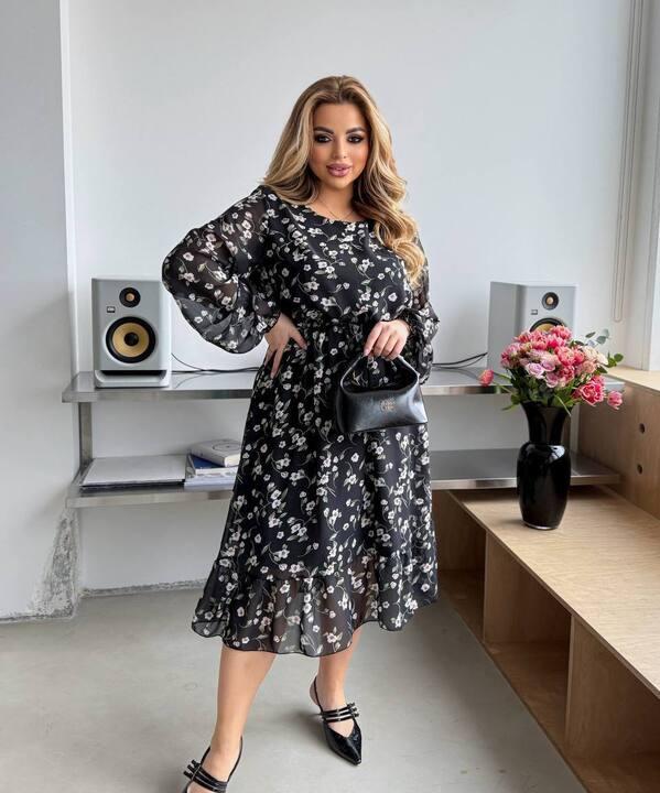 Платье трапеция женское шифоновое с подкладкой и воздушными рукавами весеннее