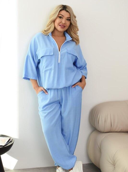 Костюм женский льняной жатый свободного кроя с карманами и молнией на горловине весенний летний