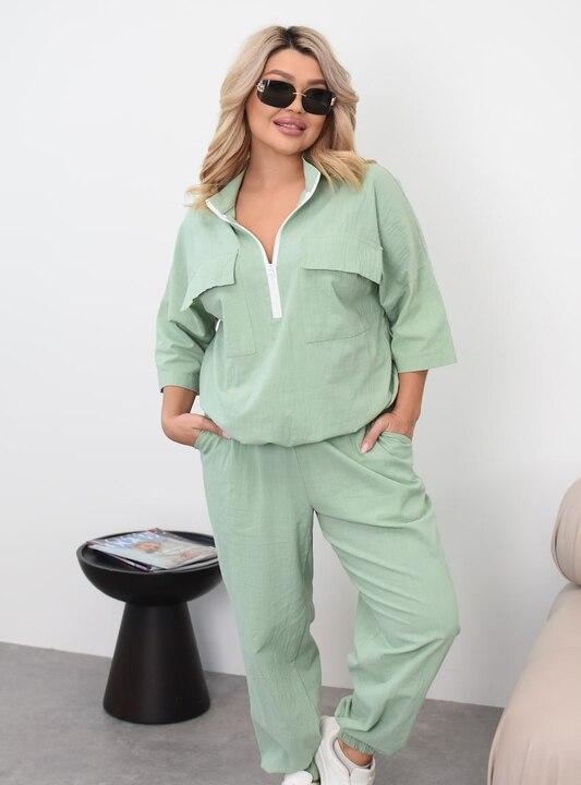 Костюм женский льняной жатый свободного кроя с карманами и молнией на горловине весенний летний