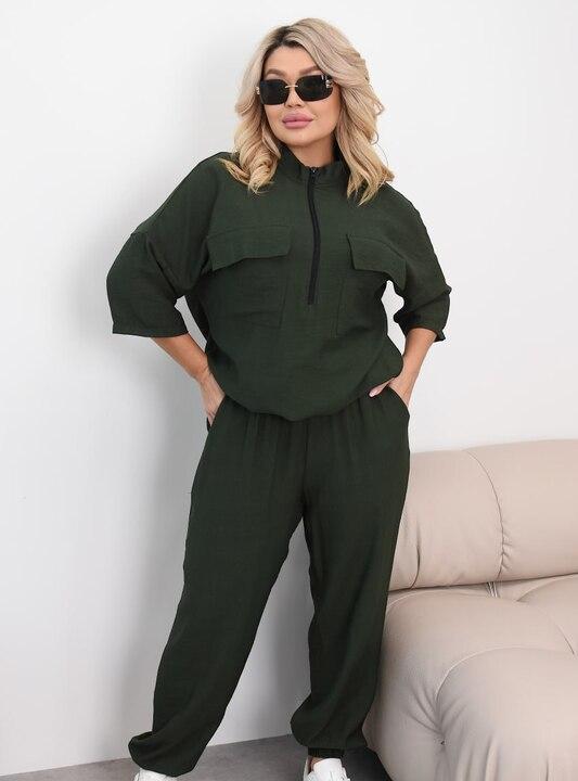 Костюм женский льняной жатый свободного кроя с карманами и молнией на горловине весенний летний