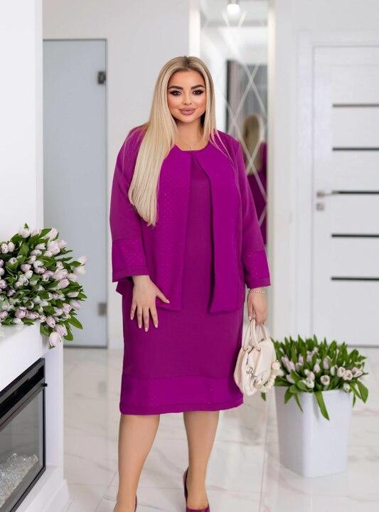 Костюм женский деловой из костюмной ткани с декором камнями платье полуприлегающее и жакет весенне-летний