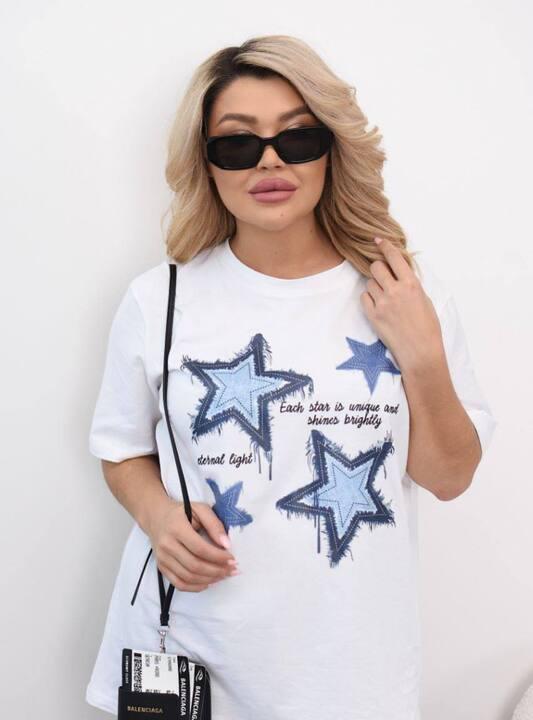Футболка женская свободного кроя из кулира с джинсовым принтом звёзды большого размера летняя