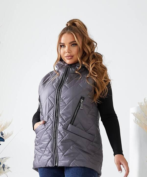 Жилетка женская стеганая удлиненная с капюшоном из плащевки Лаке на синтепоне осенняя