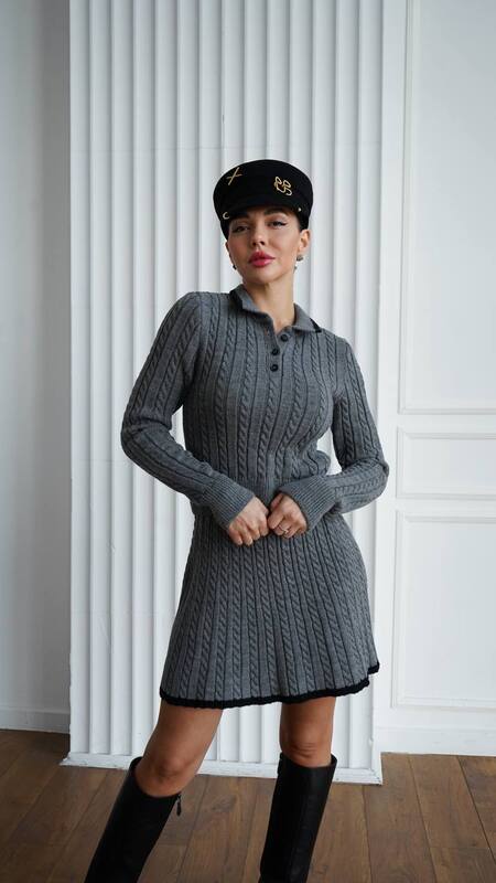 Костюм-двойка женский с кофтой поло и юбкой-солнце из шерсти и акрила вязаный осенний